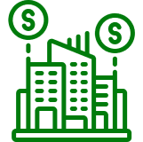 Green cityscape with dollar signs above buildings.