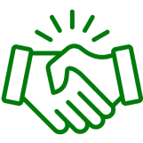 Green handshake icon on black background.